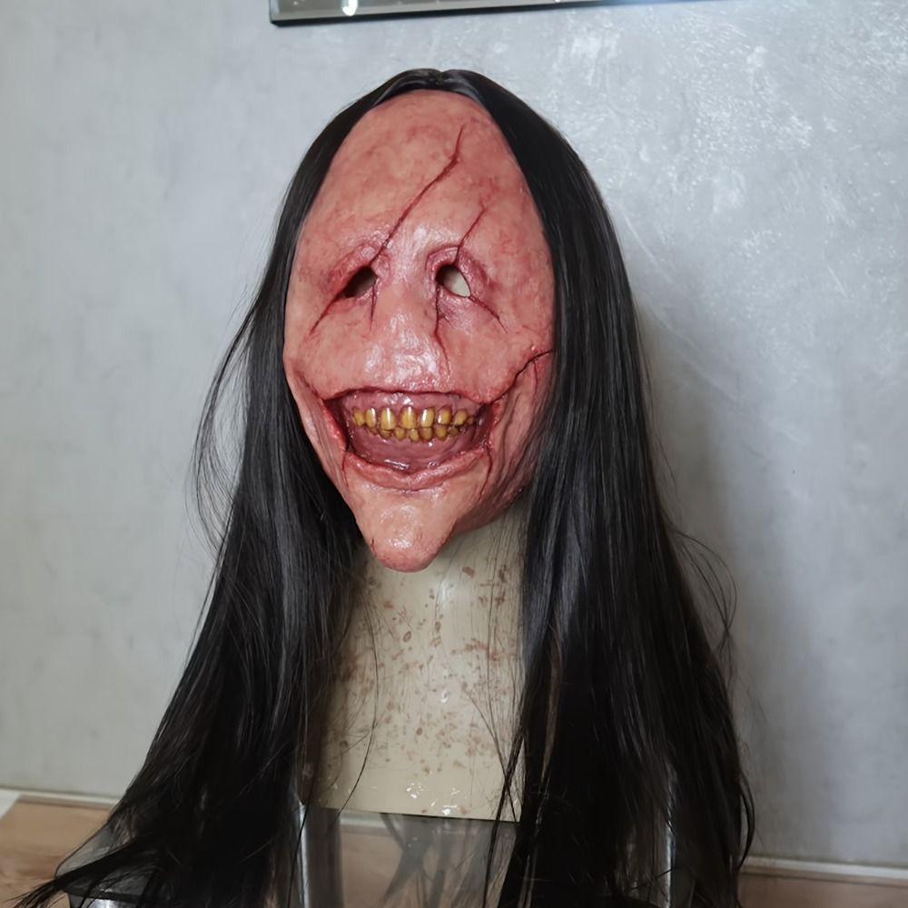 Exposed Teeth Long Hair Red Face Devil Mask Scary Scary Demon Mask Halloween Mask Cosplay