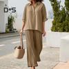 Women's Cotton Linen 2 Piece Set Casual Lapel V Neck Short Sleeve Top Wide Leg Pants Set Summer Loose Lounge Outfits