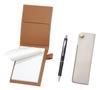 Recycled Cowhide Mini Notebook Cover Mocha with Side Hook Pen Case White Metal Point Ballpoint Pen Set Blue LS022PM-NK01W-WZ13-L