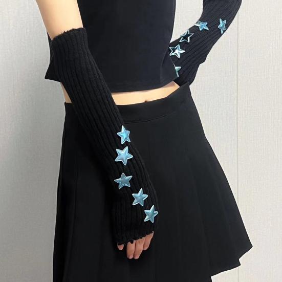 Вязаные митенки для девочек, длинные перчатки до запястья без пальцев, зимние нарукавники со звездой и отверстием для большого пальца для женщин, уличная одежда, вечеринки