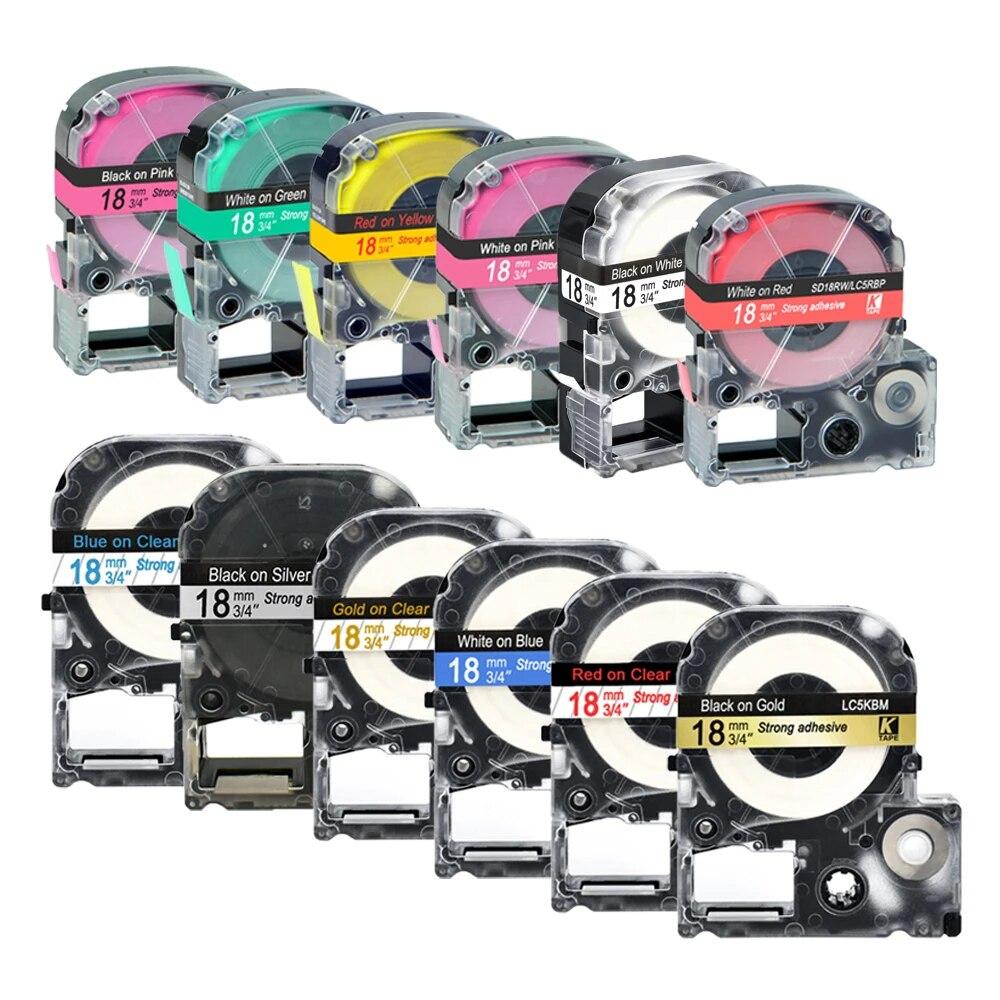 5 упаковок, 18 мм, разноцветная совместимая лента для этикеток Epson LC-5WBN / SS18KW SC18RW SD18K SC18YW для принтера Epson LW300 LW400 500 600