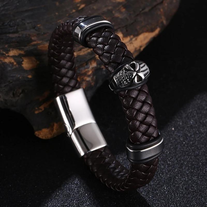 Браслет с панк-металлическим черепом, плетеный вручную, многослойный кожаный браслет, мужской хип-хоп, рок, езда на велосипеде, ювелирные изделия, аксессуар