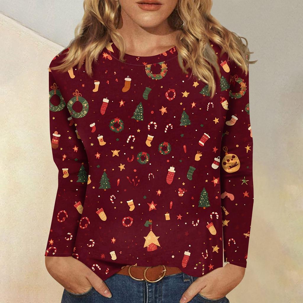 Женская модная повседневная футболка с круглым вырезом и рождественским принтом и длинными рукавами