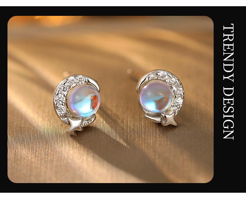 Серьги из серебра 925 пробы с лунным камнем «Под баньяновым деревом» для женщин – Дизайн «Звезда и Луна»