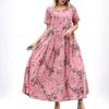 Summer Beach A Line Casual Long Dress Women Short Sleeve Pleated Loose Plus Size Floral Dresses Women Elegant Round Neck Vintage Lady Dress 24896