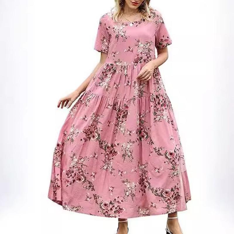 Summer Beach A Line Casual Long Dress Women Short Sleeve Pleated Loose Plus Size Floral Dresses Women Elegant Round Neck Vintage Lady Dress 24896