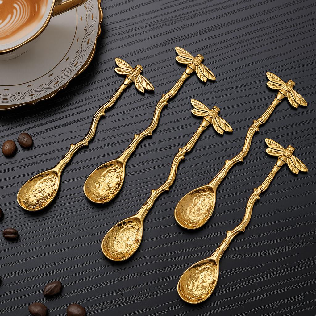 Retro Metal Coffee Spoon Dragonfly Branches Leaves Shape Ice Cream Cake Dessert Milk Mixing Spoon Kitchen Gadgets Tableware