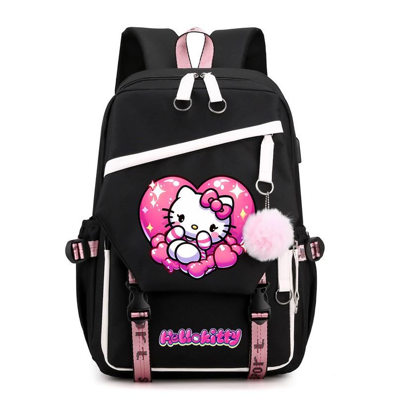 Kitty Cartoon School Backpack Teen Girls Kids Lightweight Oxford Fabric Bookbag With Padded Shoulder Straps 20-35L Capacity