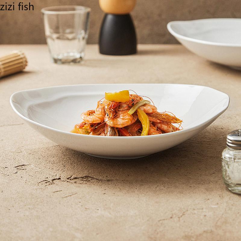 Чисто-белая неровная керамическая глубокая миска, миска для овощного салата, суповые миски, миска для пасты, десертные миски, фирменная посуда для ресторана