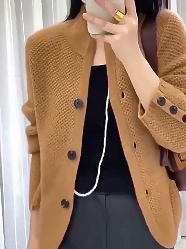 Осень-зима новый утолщенный шерстяной кардиган женский винтажный свитер со стоячим воротником свободная трикотажная основа модный дизайн свитер куртка уличная одежда