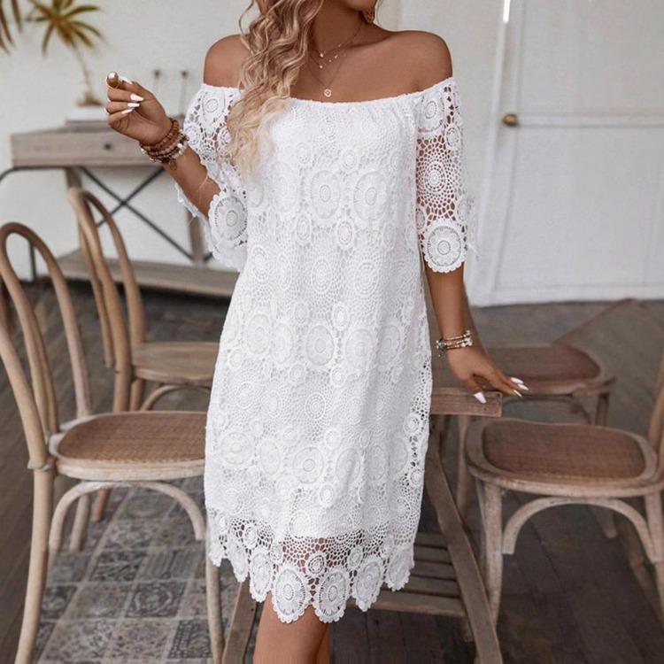 Белое кружевное вышитое повседневное летнее платье для женщин, цельное, с открытыми плечами, с полым дизайном
