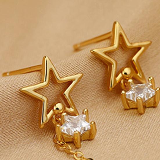 1 пара сережек-пусетов с полой цепочкой-звездочкой, кисточкой, неправильной формы, золотого/серебристого цвета, со встроенным кубическим цирконием