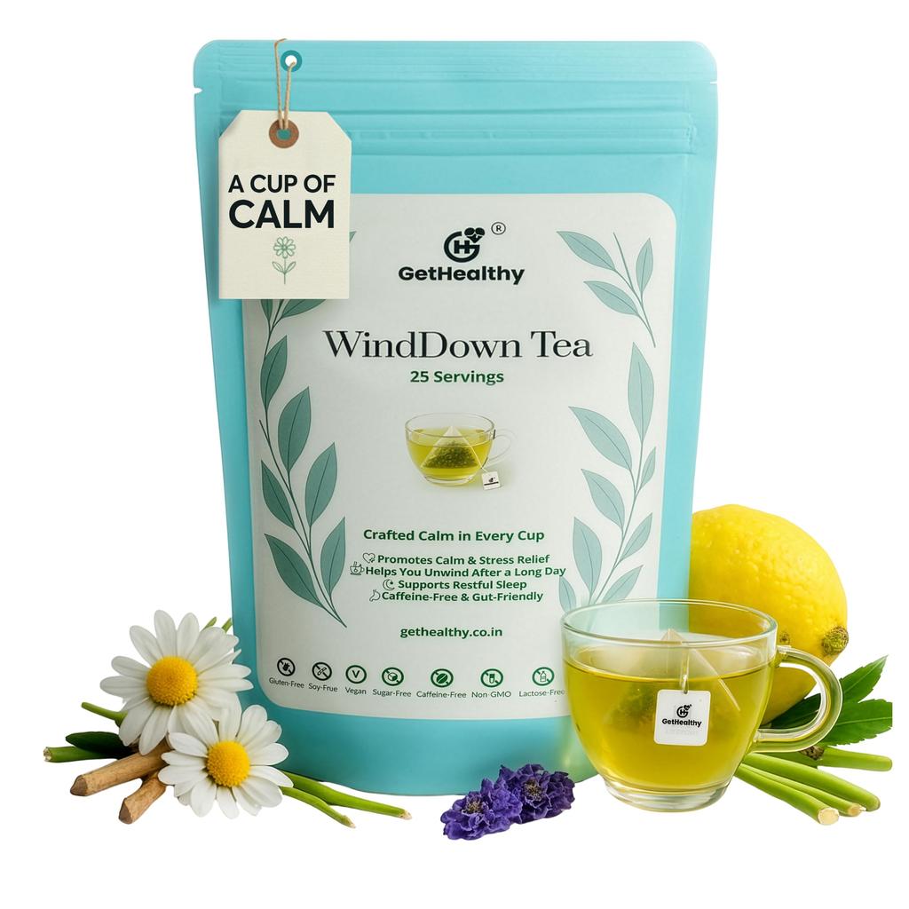 GetHealthy® WindDown Tea™ for Sleep | Caffeine Free Bedtime Herbal Blend with Chamomile, Ashwagandha & Lavender | Relaxing Sleep Tea for Nig