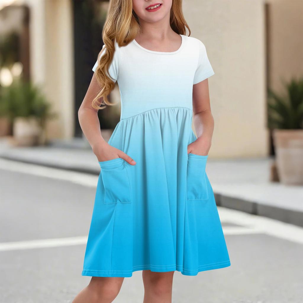 Детская юбка с круглым вырезом и коротким рукавом, платье принцессы, модное повседневное платье с карманами для девочек