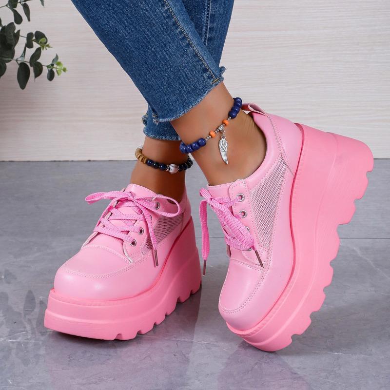 Женские кроссовки на толстой подошве, розовые женские туфли, обувь для скейтбординга, летние удобные женские кроссовки на шнуровке, женская обувь на танкетке