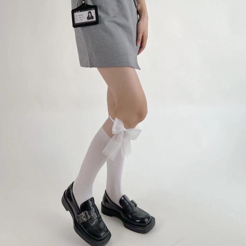 Белые кружевные чулки Jk с пэчворком средней длины, детские весенне-летние тонкие белые чулки с бантом, носки Лолита для теленка