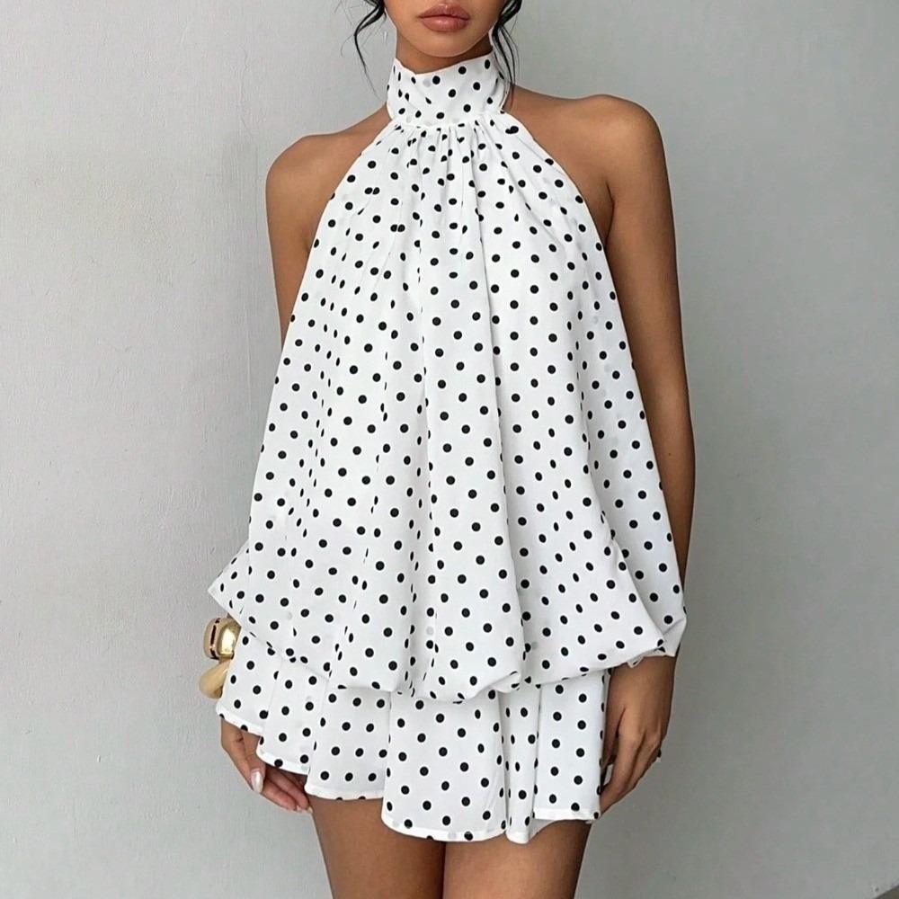 Sleeveless A Line Halter Dress Off Shoulder Chiffon Dress Elegant Polka Dot Dress Holiday