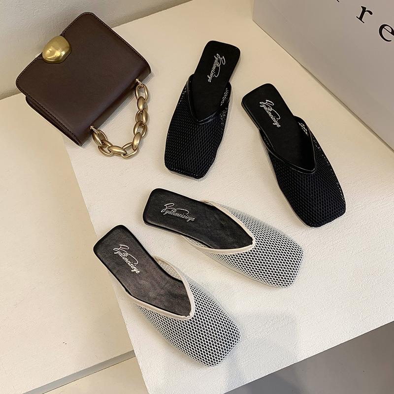 Баотоу шлепанцы женские летние на плоской подошве модные для улицы простые нескользящие ленивые сандалии полые дышащие сетчатые женские туфли