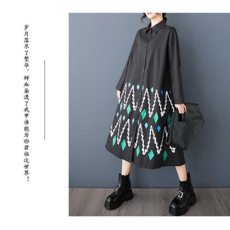 Свободные платья большого размера с принтом и сращиванием повседневные простые милые платья с длинным рукавом