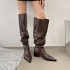Высокие голенища плиссированные ботинки с напуском женские 2025 новые ботинки осень и зима женские ботинки французские остроносые ботинки на толстом каблуке