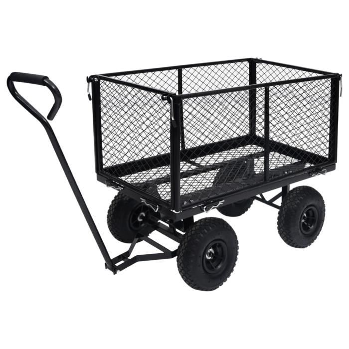 Chariot à main - Noir - Acier durable - 350 kg - Grandes roues pneumatiques - Jardinage
