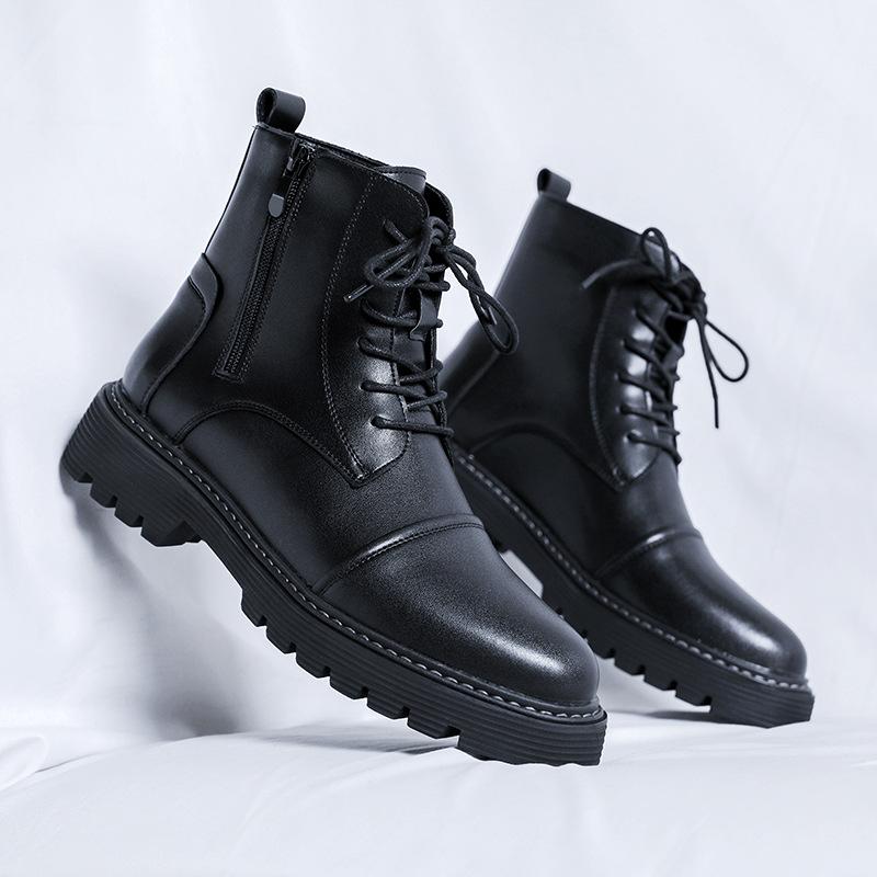 2025 British Mid-top Leather Boots Men's High-top Black Martin Boots Thick-soled Lace-up Short Boots 2910-R
