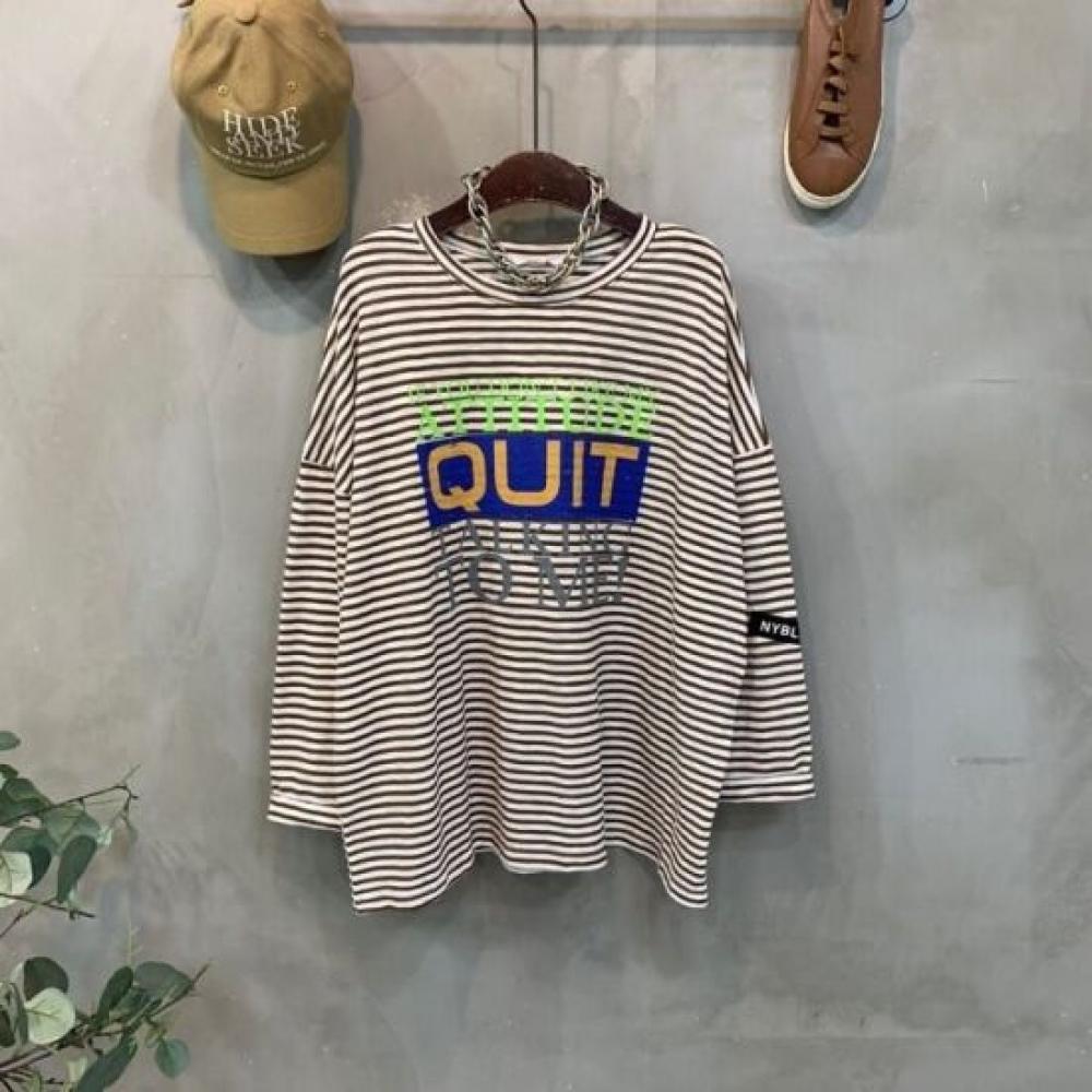 C S In The Room vInTage leTTerIng Label paTCh STripe Long Sleeve T ShirT 3Color