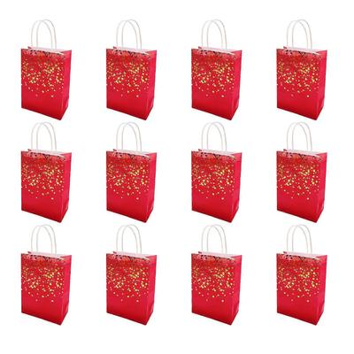 (Red Single Sided Gol) Bulk 12 Hotfoil Embossed Paper Bags for Festives Gifts Stylish Candy Bag with Handle Elegant Retail Shopping Bags