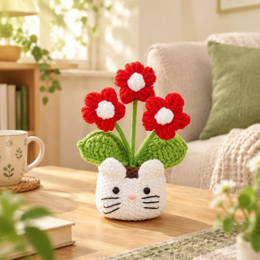Craft Gift Knitted Flower Potted Crochet Rose Artificial Flower Bonsai Home