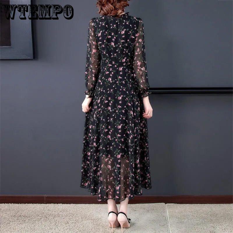 Весенне-осеннее женское платье, шифоновая блузка, женское летнее платье с длинными рукавами и цветочным принтом, юбка с большой нижней частью