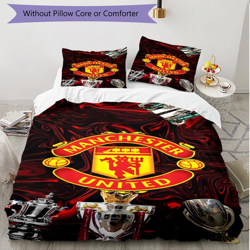 3pcs Duvet Cover Set (1*Duvet Cover + 2*Pillowcase, Without Core), Football United F.C Print Soft All‑Season Bedding Set, Home Bedroom Decor Gift