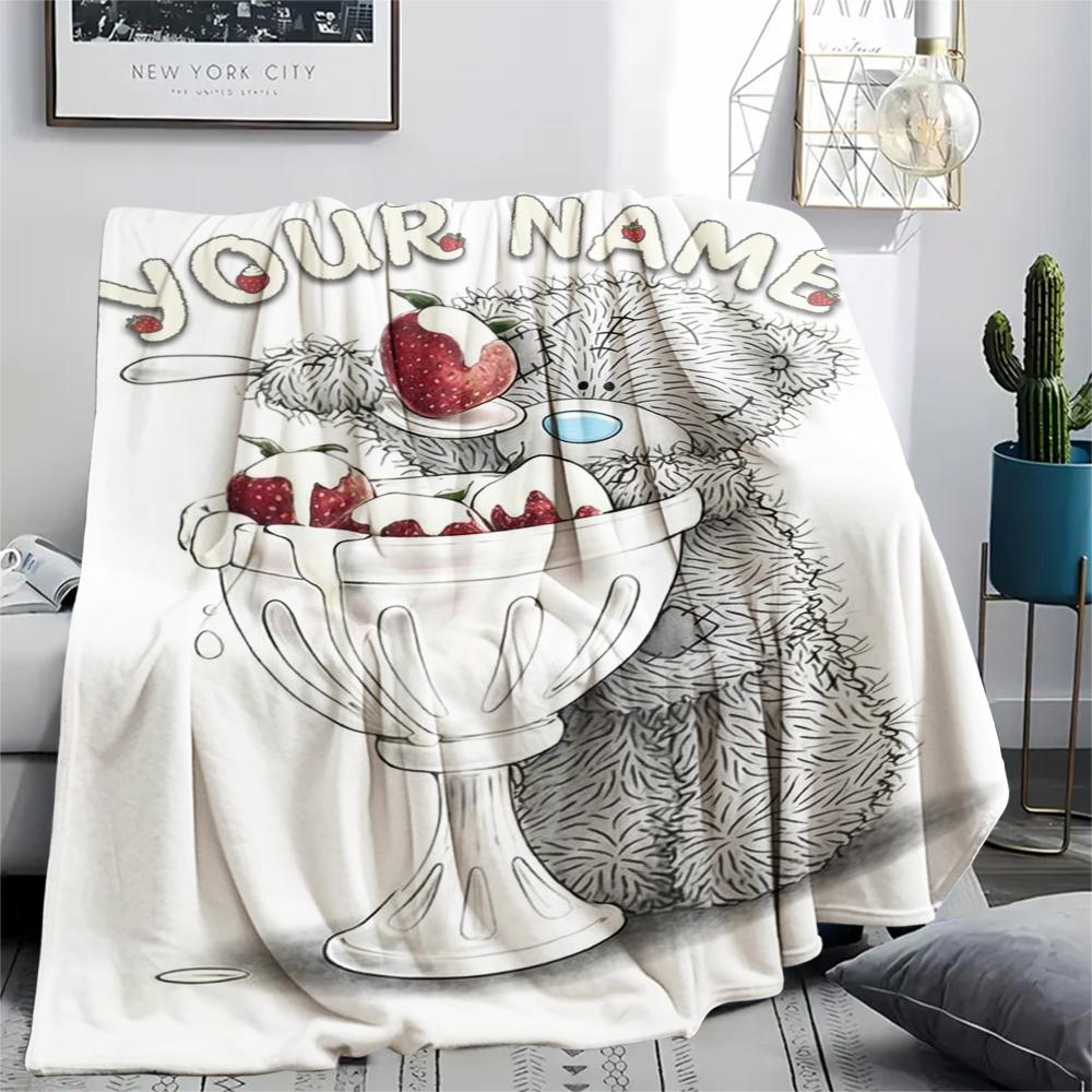 1PC Custom Name Tatty Teddy Ice Cream Patterned Flannel Blanket Suitable For All Seasons for Home Decor Warmth and Comfort Gifts Holiday Present