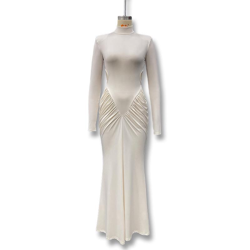 Европейско-американское осеннее облегающее платье с высоким воротником, драпировкой на спине и открытой спиной для женщин 2025