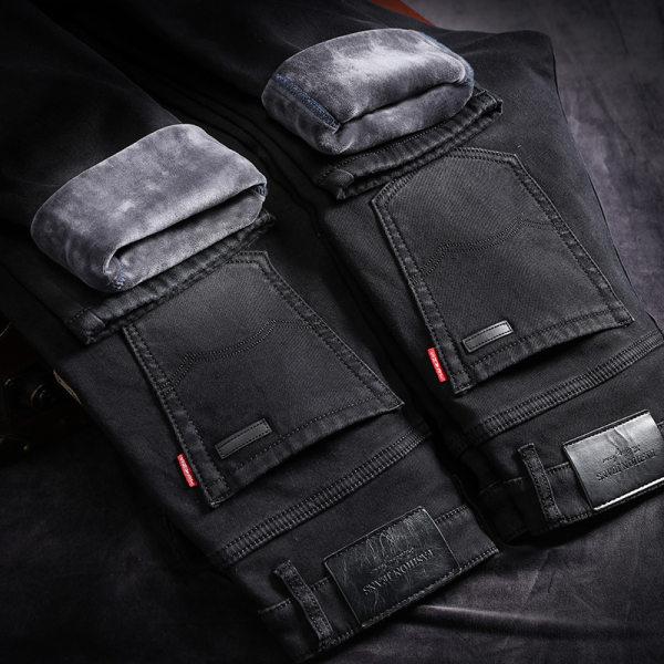 Джинсы с подкладкой, мужские зимние утолщенные теплые прямые свободные эластичные повседневные хлопковые зимние брюки с фланелевыми мужскими брюками