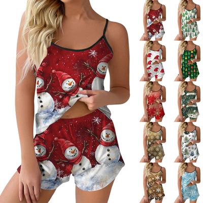 Женский модный рождественский комплект с принтом без рукавов, топ, шорты и пижама