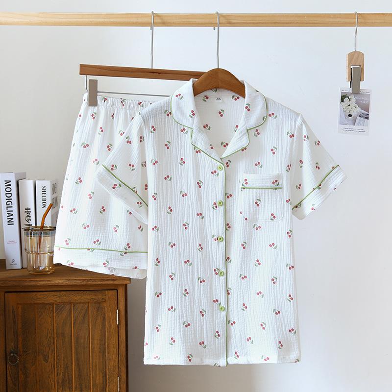 Женский летний пижамный комплект из чистого хлопка - Милый, Дышащий, с коротким рукавом и шортами