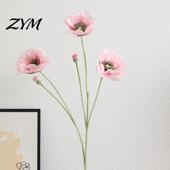 Realistic Faux Plants for Wedding 5 Heads Artificial Poppies Flowers with Stems, Silk Fake Flowers, Natural Look Floral Stems Bouquet Table