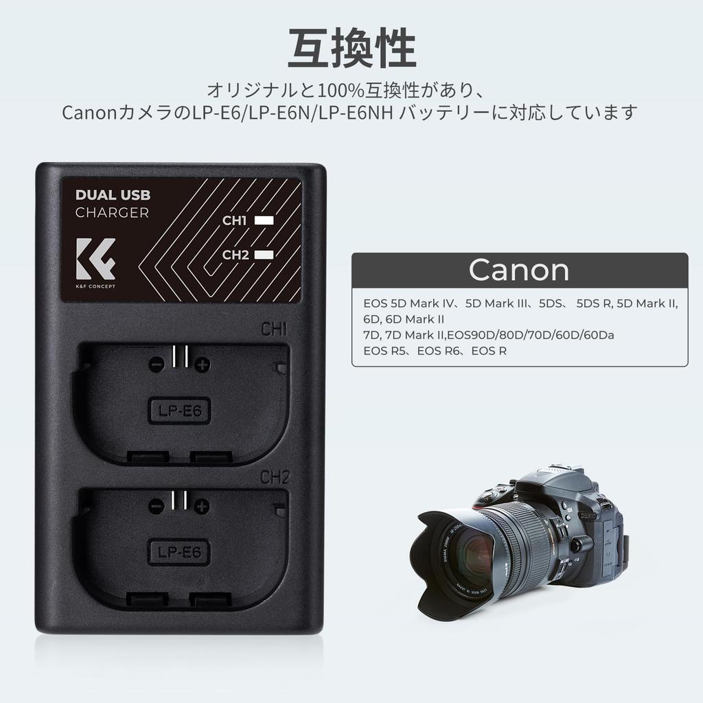 CONCEPT Camera Charger with Charging for Canon EOS R6 Mark EOS EOS EOS 5D Mark 5D Mark and More K&F LP-E6/LP-E6N/LP-E6NH/LP-E6P Indicator, Type-C USB,