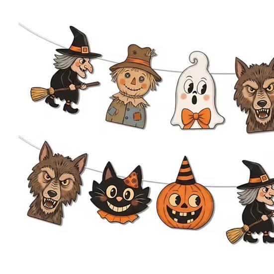 Декор для вечеринки 'Trick or Treat' 12 шт. Винтажный деревянный баннер на Хэллоуин, Ретро гирлянда-баннер, Гирлянда-флажки, Праздничные украшения для камина, Жуткий