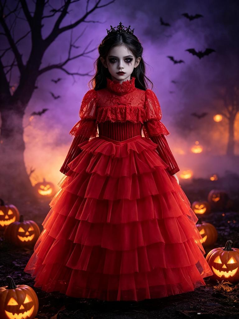 Halloween Girl Dress Up Elegant Special Ball Evening Dress Long Sleeve Red Horror Girl Dress