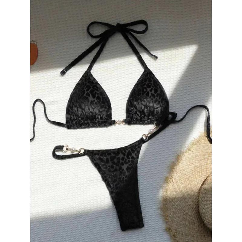 Сексуальный леопардовый бархатный бикини мини микро стринги бикини женский купальник женский купальник раздельный купальник халтер купальный костюм плавать