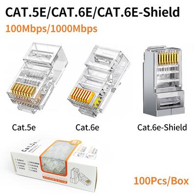 100 шт./Коробка Ethernet-кабель Cat5e Разъем-штекер RJ45 - Позолоченный, Сетевая кристальная головка Cat5 для стабильного гигабитного Ethernet.