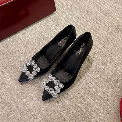 Версия из овчины~ Весенне-осенние новые кожаные атласные туфли-лодочки с открытым мыском, квадратной пряжкой в виде цветка с бриллиантами, на тонком высоком каблуке, женские, для ужина, свадьбы