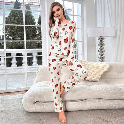 2 шт./комплект зимнее женское нижнее белье с принтом в виде сердца, круглый вырез, длинный рукав, высокая эластичность, осенне-весенняя пижама, комплект домашней одежды, одежда для сна