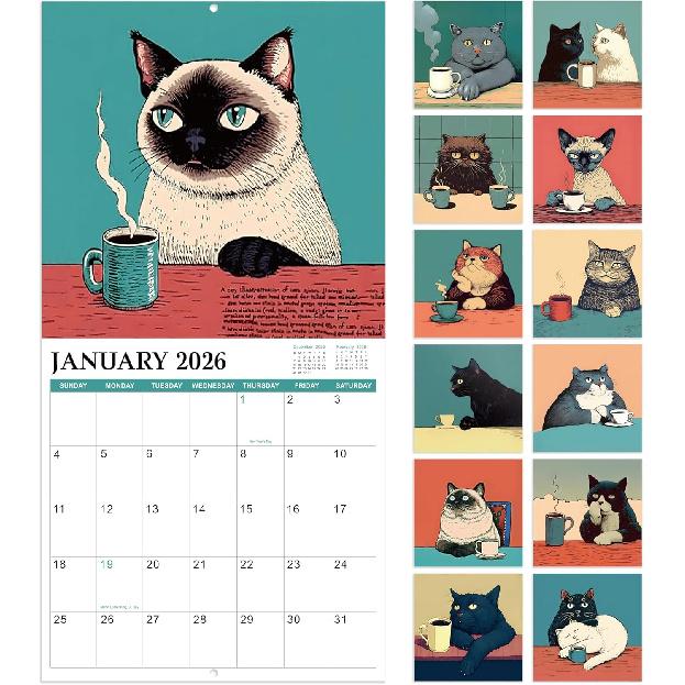 2026 Wall Calendar - 2026 Calendar, January - December 2026, 12" x 24" (Open), Cats Calendar 2026 with Hanging Hole for Home & Office