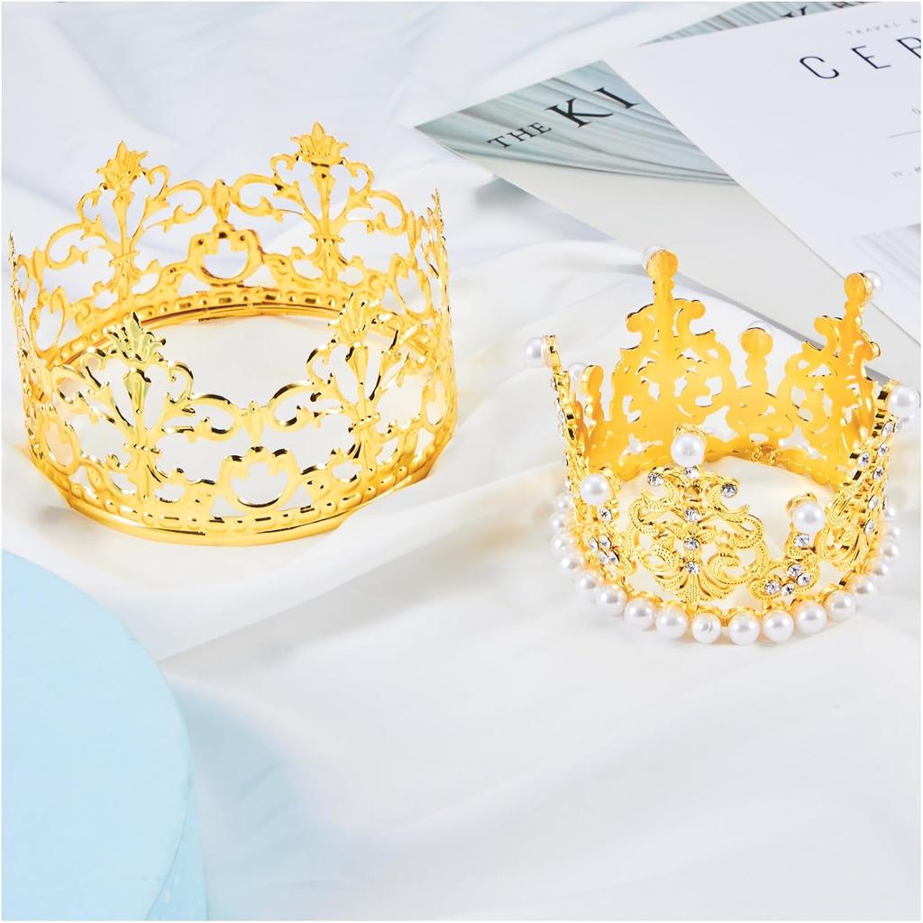 4 Pcs Mini Crown Cake Topper Birthday Tiara Crown Crystal Pearl Princess Kueen Cake Crown for Wedding Pet Birthday