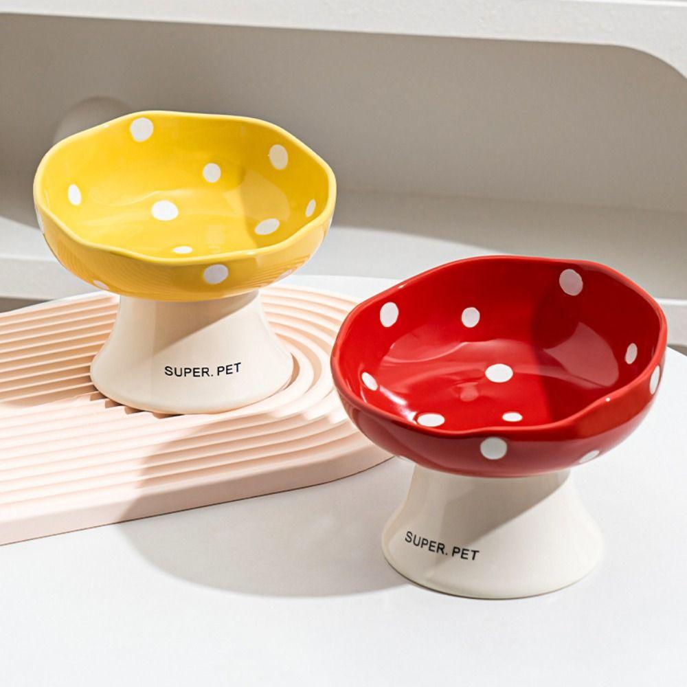 Cute Mushroom Cat Bowl Ceramic Pet Drinking Feeder Dog Food Feeding Basin Neck Protection