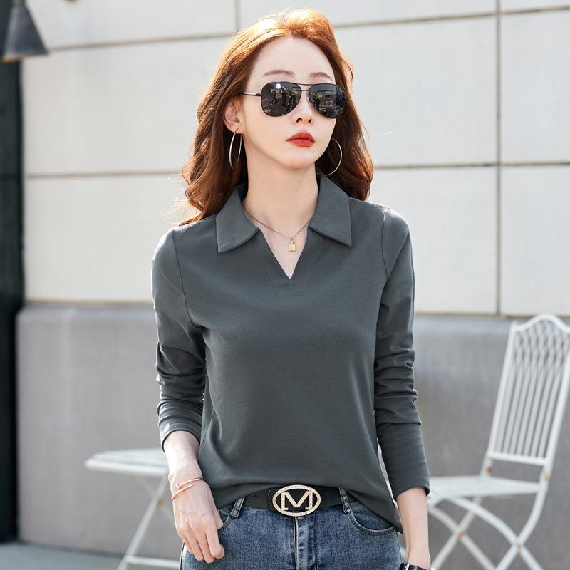 Весенне-осенняя женская футболка с лацканами и длинным рукавом Slim Slim Small