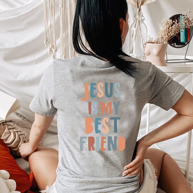 Женские футболки с принтом «Иисус мой лучший друг» сзади, хлопковая винтажная одежда, вдохновляющая футболка, повседневные топы с круглым вырезом, дропшиппинг