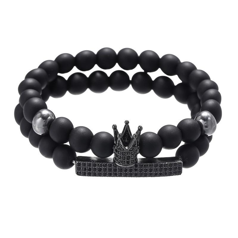 Hot-selling 8mm black matte zircon crown long stretch set bracelet personalized bracelet men's bracelet accessories
